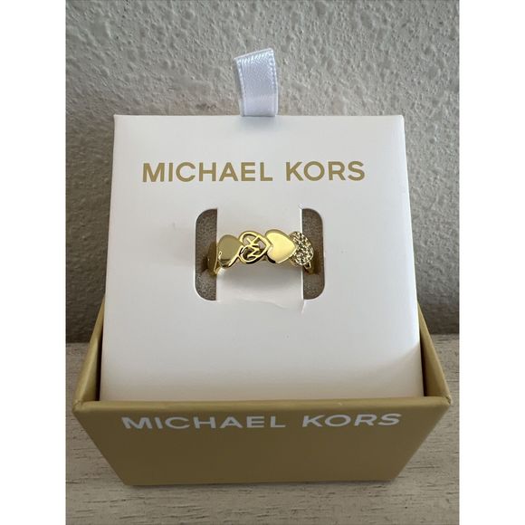 Michael Kors Gold Filled Heart, Crystal & Logo Ring Size 8 New In Box - Picture 1 of 10